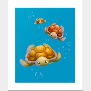 3 Cute Turtles Swimming Under the Sea Posters and Art